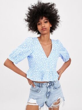 Zara Light Blue Floral V-Neck Peplum Blouse